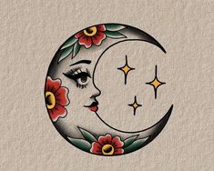 a drawing of a woman's face on the moon with stars and flowers around it