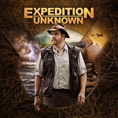 a man with a hat and vest on standing in front of a poster that says expedition unknown