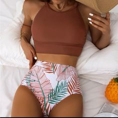 Brand New, Never Worn Rusty Pink Halter Top Tropical Print High-Waisted Bottoms Swimsuit Inspo, High Waisted Bathing Suits, Swimsuits Outfits, Cute Bathing Suits, Swim Suits, Summer Swim Suits, Cute Swimsuits, Swimwear Brands, Cute Casual Outfits