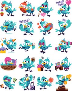 blue birds with different expressions and words on their faces are shown in this cartoon style