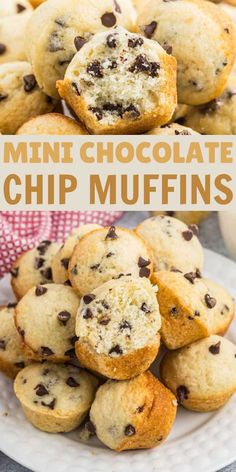 chocolate chip muffins stacked on top of each other with the title above it