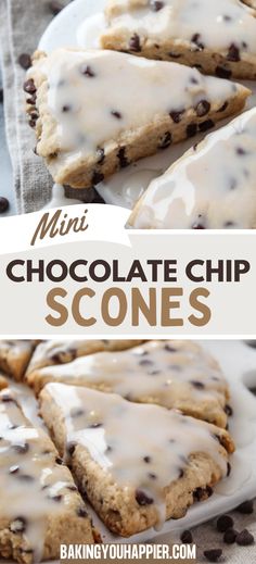 chocolate chip scones with white icing and chocolate chips on top