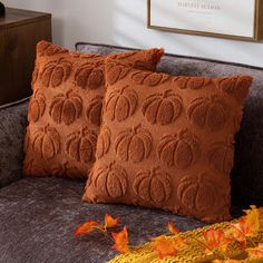 two decorative pillows on a couch with autumn leaves