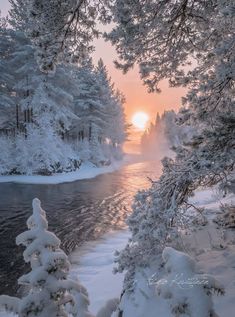 the sun is setting over a river surrounded by snow covered trees