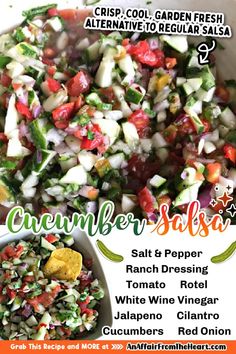 Close up of cucumber salsa in a white bowl. Cucumber Salsa Recipe, Cheeseburger Dip, Salsa Ranch, Cucumber Salsa, Heart Food, Favorite Appetizers, Salsa Recipe, Game Day Food, Cucumber Salad