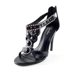 Good Heels A heel designed with rhinestones to make you stand out. Sequence and gems on front straps.  Paprika 5" heel  Back zipper for closure Good Heels, Straps Jumpsuit, Top Skirt Set, Crown Design, Crop Top Skirt, Suede Material, Peep Toe Heels, Designer Heels, Catsuit