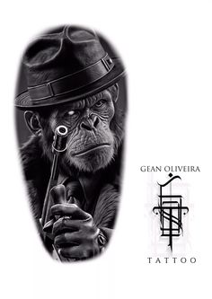 a monkey wearing a hat and holding a pipe in his hand with the word tattoo on it