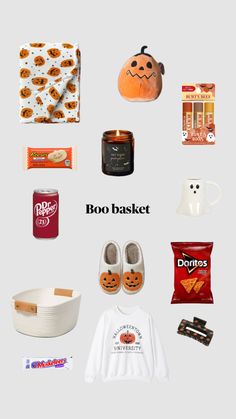 various items are arranged in the shape of a pumpkin, with words above them that read boo basket