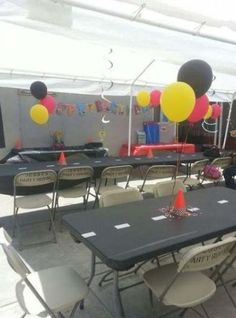 tables and chairs are set up for a birthday party