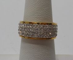 "Vintage stainless steel, gold tone ring loaded with tiny clear rhinestones, around the entire band. 1/4\"L. Size 6.5. Milor China." Gold Diamond Ring With Rhinestones, Gold Crystal Ring With Bling, Gold Rings With Rhinestones, Gold Crystal Promise Ring With Rhinestones, Gold Rhinestone Rings For Anniversary, Gold Rings With Rhinestones For Anniversary, Gold Diamond Ring With Rhinestones For Anniversary, Engagement Vibes, Stainless Steel Ring