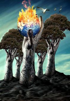 there are many hands holding the earth with fire coming out of it and birds flying around