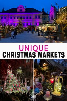 the christmas markets are lit up in pink and purple