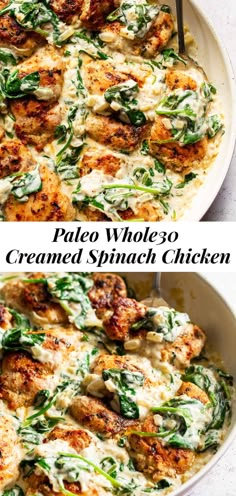 two pictures of chicken and spinach in a white casserole dish, with the text pale whole 30 creamed spinach chicken