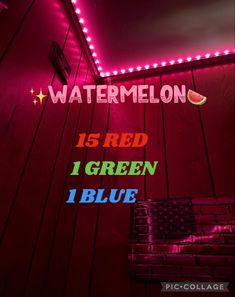 the neon sign for watermelon is lit up in red, green and blue