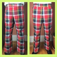 "Light and lovely plaid slacks for colorful days of summer leisure or a festive Xmas party outfit in a warmer climate. Sleek fit with a mild flair. Closes with slider and button combo.  There are a good 2 inches in the hem that can be let out.  Cotton/Poly Blend Waist: 37-38\" Inseam: 31\" Rise: 13\" To explore more of the fabulous finds in my store, follow this link: https://etsy.me/3bGciGP" Fitted Holiday Bottoms For Fall, Fitted Bottoms For Fall Holiday, Retro Fitted Plaid Bottoms, Fitted Vintage Plaid Bottoms, Plaid Slacks, Xmas Party Outfits, Black Velvet Gown, Velvet Gown, Xmas Party