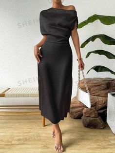 SHEIN Privé Solid Color Asymmetric Neckline With Drawstring Waist Dress | SHEIN USA Simple Modern Dresses, Dress Night Party Elegant Simple, Formal Attire Women Classy The Dress, Classy Dress Formal Long, Dress Classy Evening, Classic Dress Elegant Long, Glam Dresses Casual, Long Formal Dress Classy, Formal Dresses For Women Events