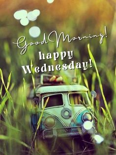 an old vw bus sitting in the middle of tall grass with words good morning happy wednesday