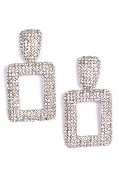 2.5" in lengthMaterial: Metal & Rhinestones Luxury Elegant Square Earrings, Luxury Square Earrings, Modern Rectangular Jewelry For Party, Trendy Silver Square Jewelry, Trendy Silver Rectangular Earrings, Rectangular Cubic Zirconia Jewelry With Rhinestones, Rectangular Metal Jewelry For Parties, Modern Rectangular Earrings For Party, Modern Rectangular Party Earrings