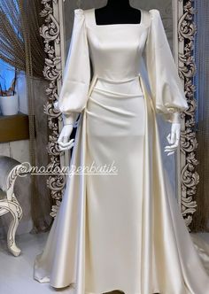 White Long Sleeve Satin Dress, Modest Reception Wedding Dress, Modest Engagement Dress, Satin Dress Hijab, Modest Bridal Gowns, Long Bridal Gown, Modest Bridal, Womens Trendy Dresses