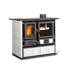 an image of a stove that is white and black with flames on the front side