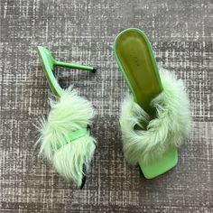 Brand New Condition, Unworn With Box Green Faux Fur High Heel Sandal Green Round Toe Mules For Party, Green Pointed Toe Mules For Party, Green Open Heel Mules For Party, Trendy Green Mules For Party, Spring Party Green Mules, Green Block Heel Mules For Party, Chic Green Mules For Party, Chic Green Mules For Evening, Designer Mules With Wrapped Heel For Party