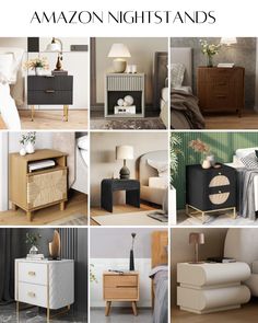 several different types of nightstands with the words amazon nightstands on them in black and white