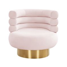 a pink chair with gold legs and a round seat on the bottom, sitting in front of a white background