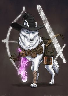 a drawing of a wolf wearing a hat and holding two swords