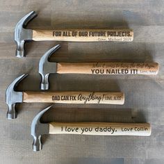 four personalized hammers with the words for all of our future projects on them