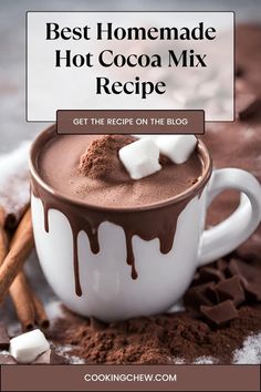 hot chocolate in a mug with marshmallows and cinnamon on the side text reads best homemade hot cocoa mix recipe get the recipe on the blog