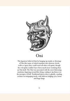 an illustrated book with the title oni written in black and white, featuring a demon's head