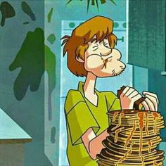 a cartoon character holding a basket with food in it's hands and looking at the camera