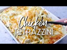 the words chicken tetrazzini are in front of a casserole dish