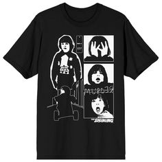 Scare up some style with this Shining tee. The shirt features an illustration of Danny standing next to three panels with images of the character with different facial expressions. The tee comes in a black short sleeve crew neck. The Shining fans will love this comfy cotton t-shirt. The Shining Silhouette, The Shining Danny, Black Horror Screen Print Tops, The Shining Book Art, The Shining Film, The Shining Merch, Horror Graphic Print Short Sleeve Shirt, Collage Graphic, Sleeve Packaging