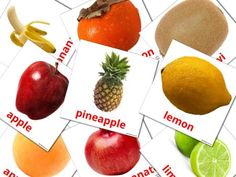 an image of fruits and vegetables with words on them that say lemon, pineapple, apple, orange, lime