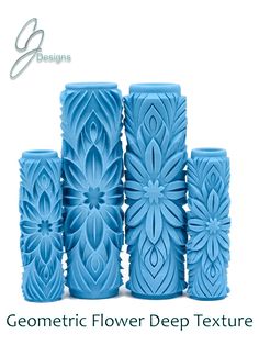 the blue vases are lined up in rows and each has an intricate design on it