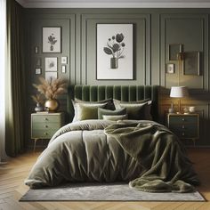 a bedroom with green walls and pictures on the wall, bedding is made up