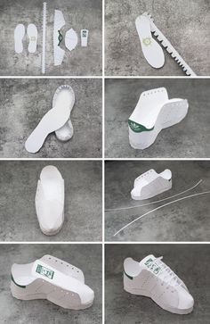 several images of different white shoes with green lettering on the soles and bottom part of each shoe