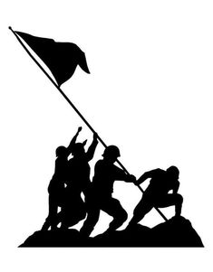 silhouettes of soldiers raising the flag on top of a hill