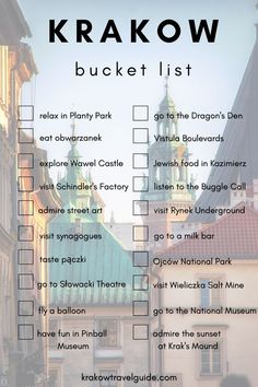 a list with the words krakow bucket list on it in front of some buildings