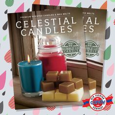 two candles are sitting next to each other in front of a book with the title celestial candles