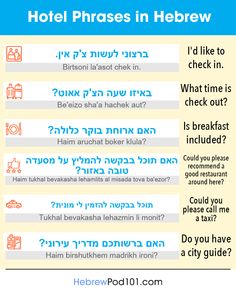 the words in different languages are displayed on a poster that says hotel phrases in hebrew