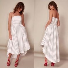 C/Meo Collective Moments Apart High Low Gown Ivory Stripe Size Medium New With Tags White A-line Summer Gown, White Summer Cocktail Maxi Dress, Chic Midi-length Summer Gown, Chic Midi Length Summer Gown, White Floor-length Chic Maxi Dress, Chic White Floor-length Maxi Dress, Chic White A-line Gown, White Strapless Bridesmaid Dress, Spring Strapless White Gown