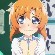 an anime character with blue eyes and orange hair looking at the camera while standing in front of a green background