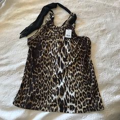 Cheetah Print Tank Top. Never Worn, Label Intact. Silky Fabric With Black Ribbon Neck Tie Closure. Elegant Sleeveless Leopard Print Tops, Black Ribbon, Printed Tank Tops, Cheetah Print, Black And Tan, Neck Tie, Womens Tops, Tank Tops, Women Shopping