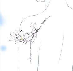 a drawing of a woman's back with flowers attached to the neck and necklace