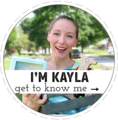 a woman holding a pair of scissors in her hands with the words, i'm kayla get to know me