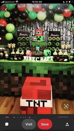 a minecraft themed birthday party with balloons and decorations