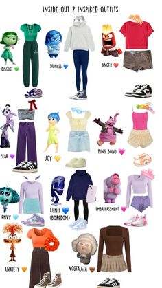 the inside out 2 inspired outfits are shown in different colors and sizes, with text that reads