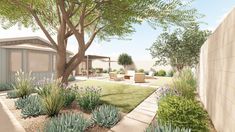 an artist's rendering of a backyard with landscaping